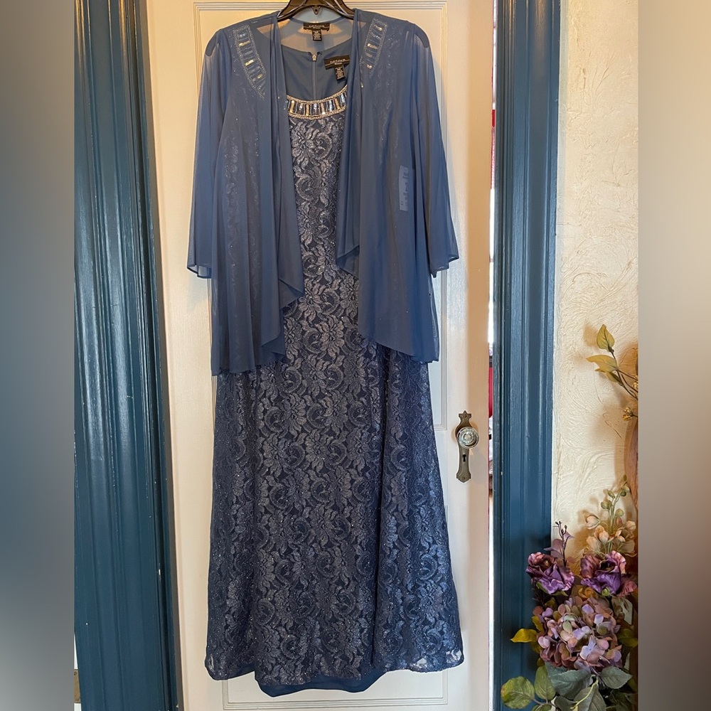 R&M Richards Dusty Blue Lace Evening Dress with Sheer Jacket